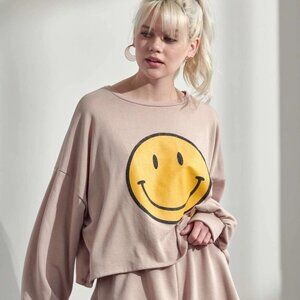 Jade by Jane Happy Face Oversized Long Sleeve Cropped Long Sleeve Top